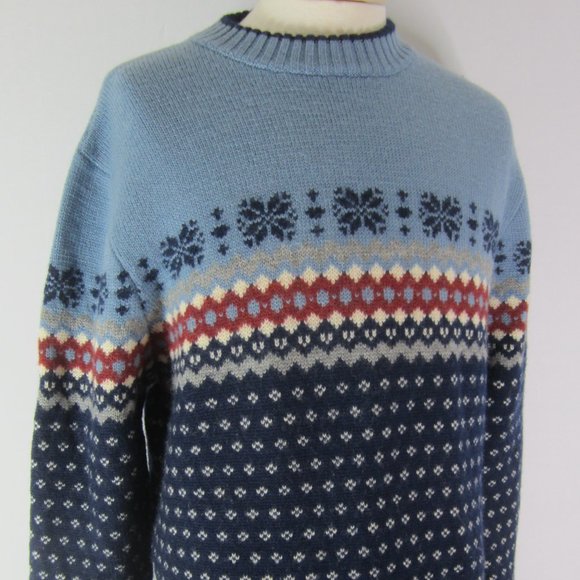 Vtg Lands End Mens M Blue Nordic Wool Ski Sweater - Picture 2 of 8